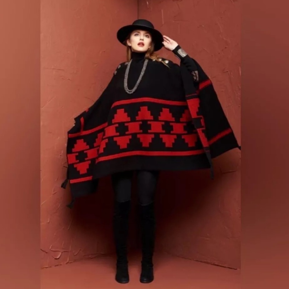 Vtg Handmade ROJA Mayan Aztec Lambswool Poncho By Designer Ann Tobias